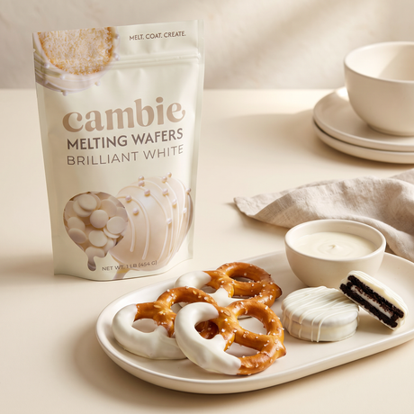 Six bowls of Cambie melting wafers in a row — milk, dark, white, brilliant white, matcha green and strawberry pink — with their bags behind them