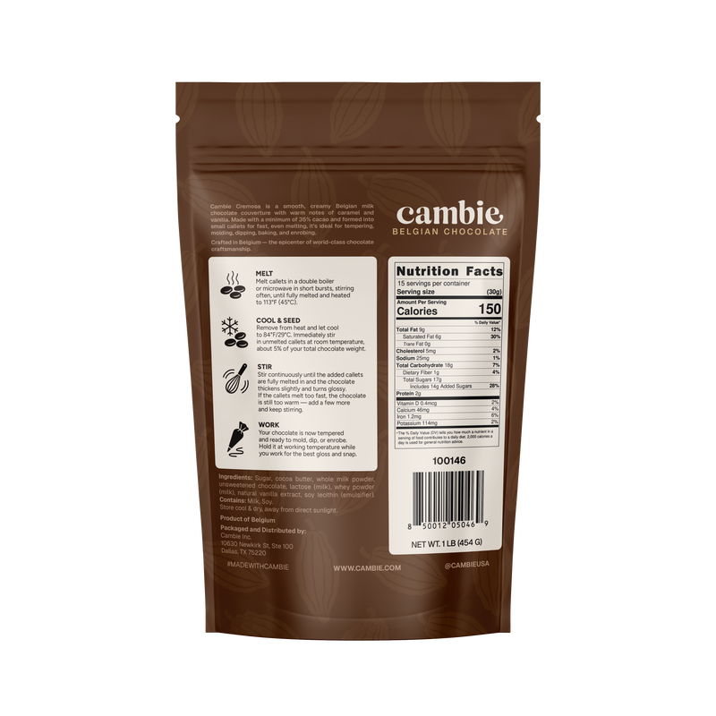 Cambie Cremosa Milk Chocolate Couverture 35%, 1 lb bag back with tempering steps and nutrition facts