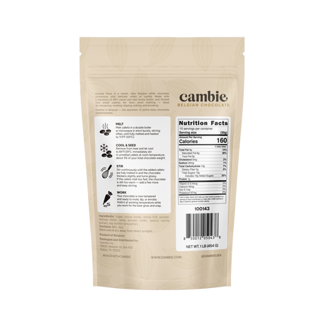 Perla White Chocolate Couverture 29%, 1 lb bag back with tempering steps and nutrition facts