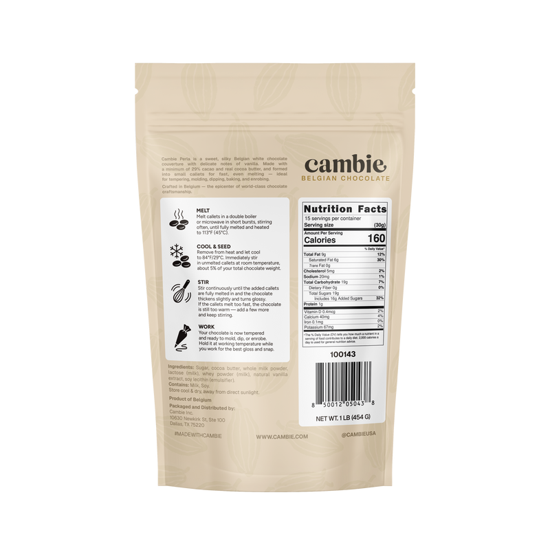 Perla White Chocolate Couverture 29%, 1 lb bag back with tempering steps and nutrition facts