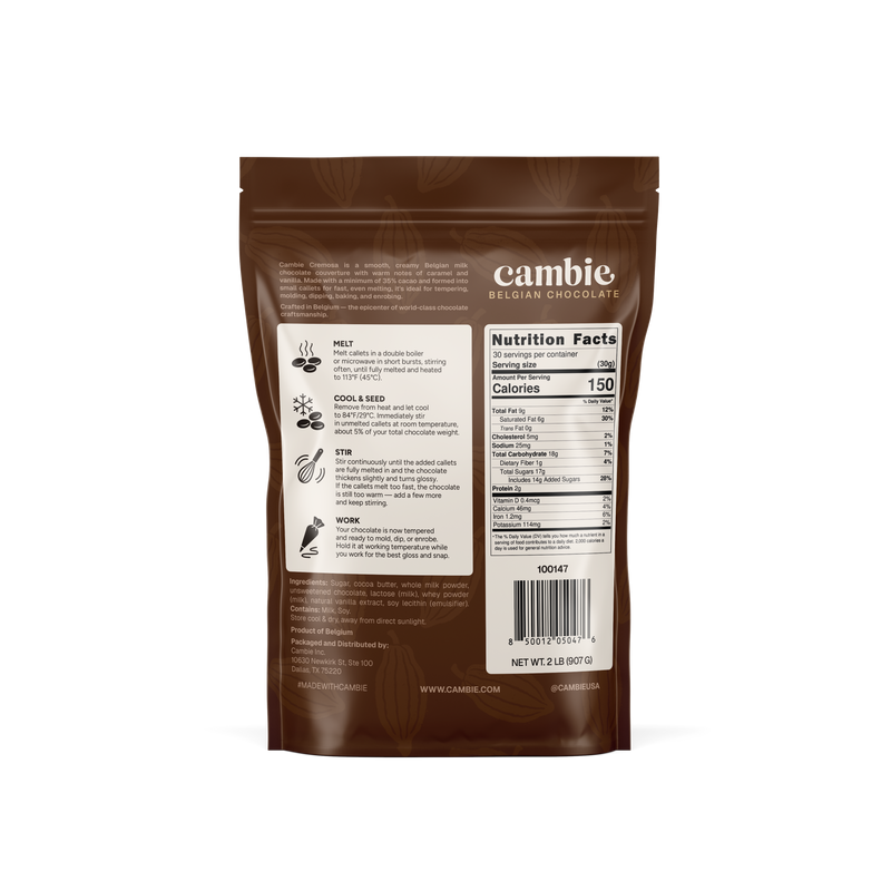 Cambie Cremosa Milk Chocolate Couverture 35%, 2 lb bag back with tempering steps and nutrition facts