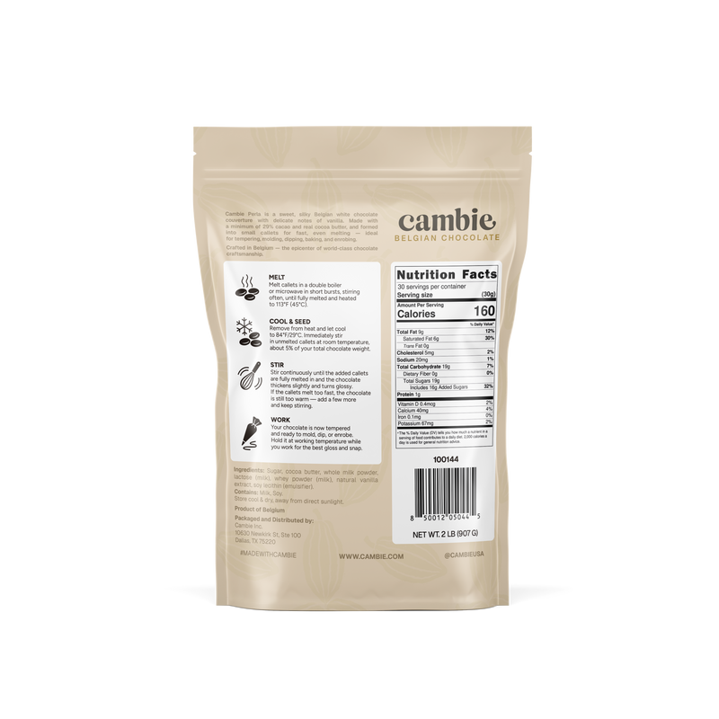 Perla White Chocolate Couverture 29%, 2 lb bag back with tempering steps and nutrition facts