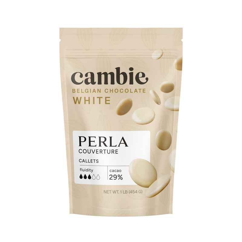 Perla White Chocolate Couverture 29%, 1 lb bag of Belgian white chocolate callets
