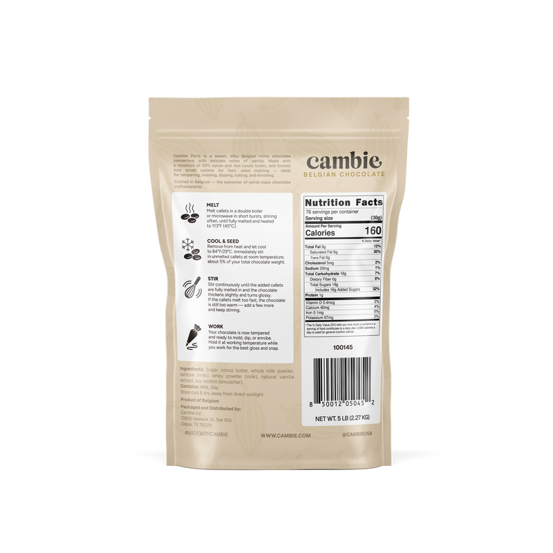 Perla White Chocolate Couverture 29%, 5 lb bag back with tempering steps and nutrition facts