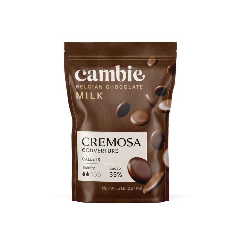 Cambie Cremosa Milk Chocolate Couverture 35%, 5 lb bag of Belgian milk chocolate callets
