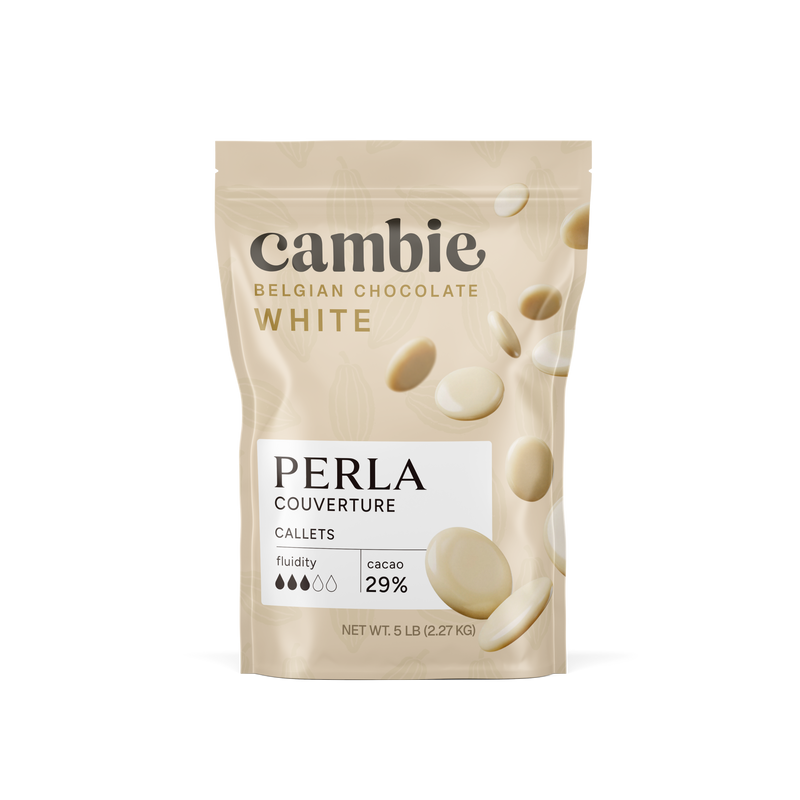 Perla White Chocolate Couverture 29%, 5 lb bag of Belgian white chocolate callets