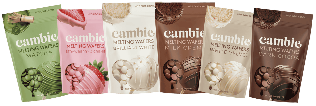 The six Cambie melting wafer flavors: Matcha, Strawberry & Creme, Brilliant White, Milk Creme, White Velvet and Dark Cocoa
