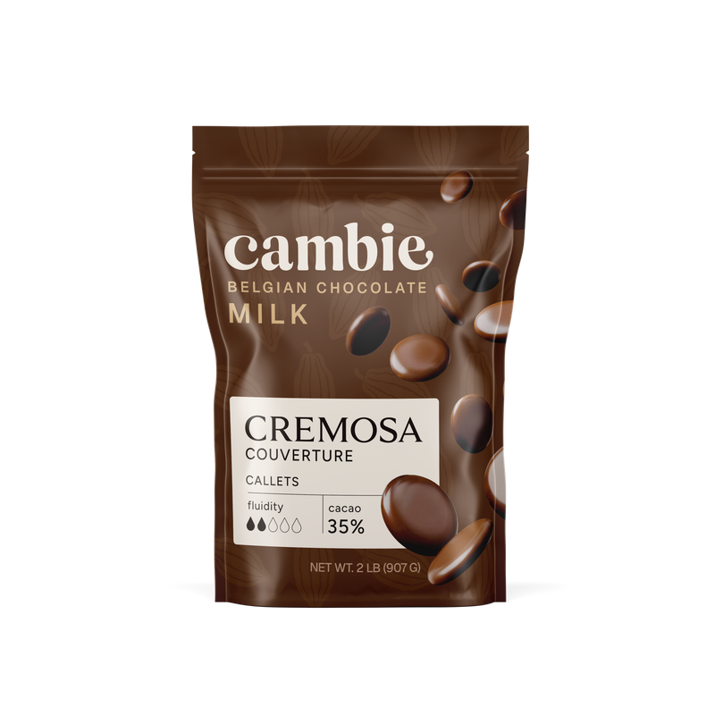 Cambie Cremosa Milk Chocolate Couverture 35%, 2 lb bag of Belgian milk chocolate callets