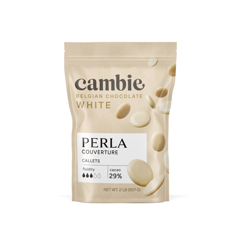 Perla White Chocolate Couverture 29%, 2 lb bag of Belgian white chocolate callets