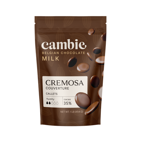 Cambie Cremosa Milk Chocolate Couverture 35%, 1 lb bag of Belgian milk chocolate callets