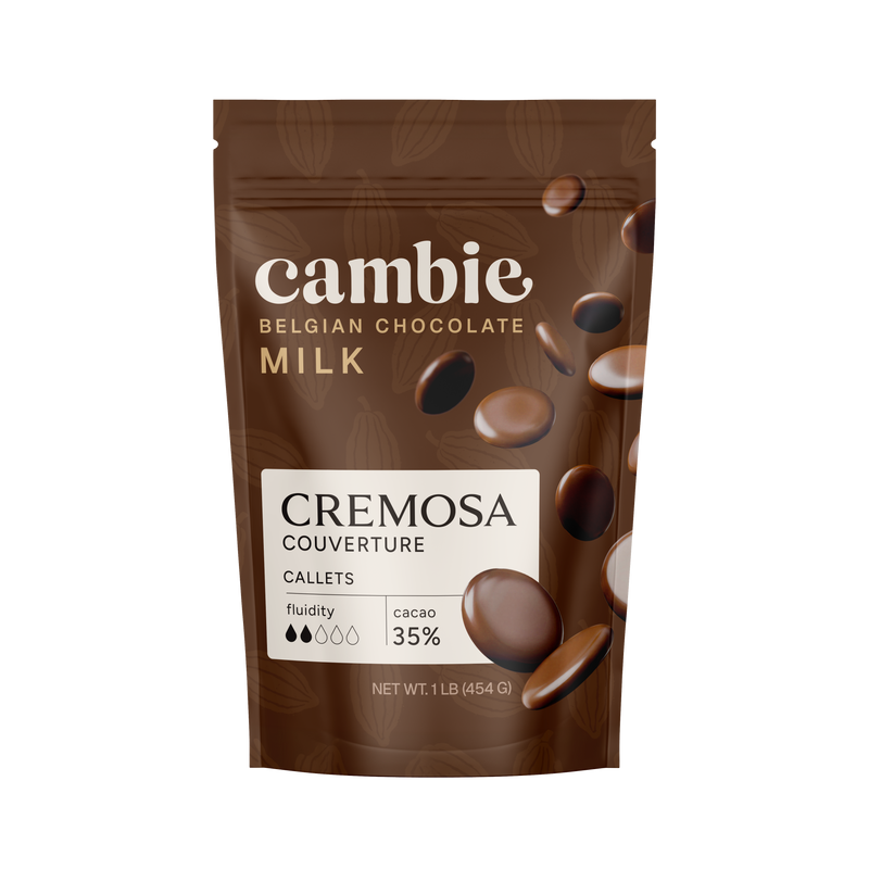 Cambie Cremosa Milk Chocolate Couverture 35%, 1 lb bag of Belgian milk chocolate callets