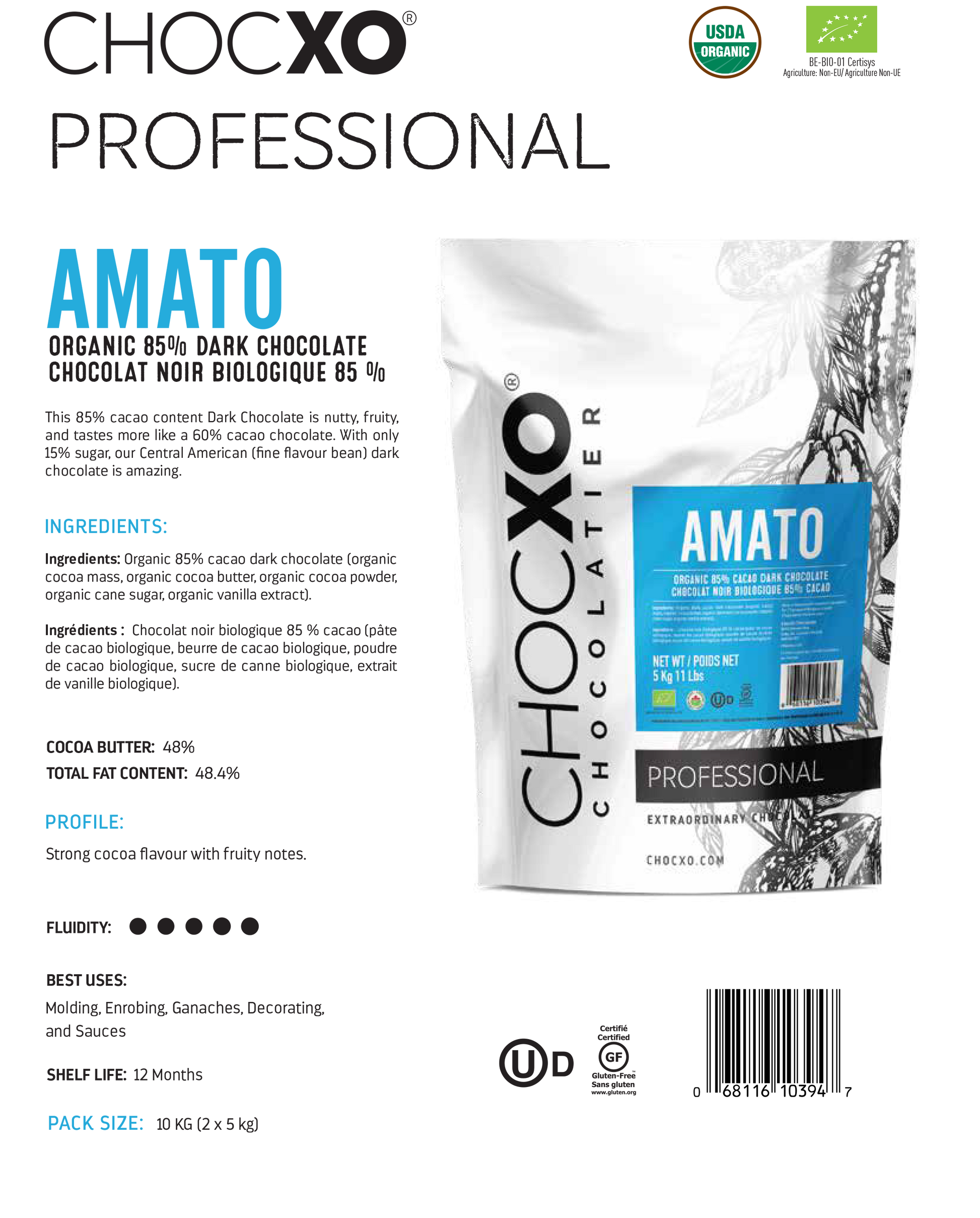 Amato Organic Dark Chocolate 85% - 5 kg